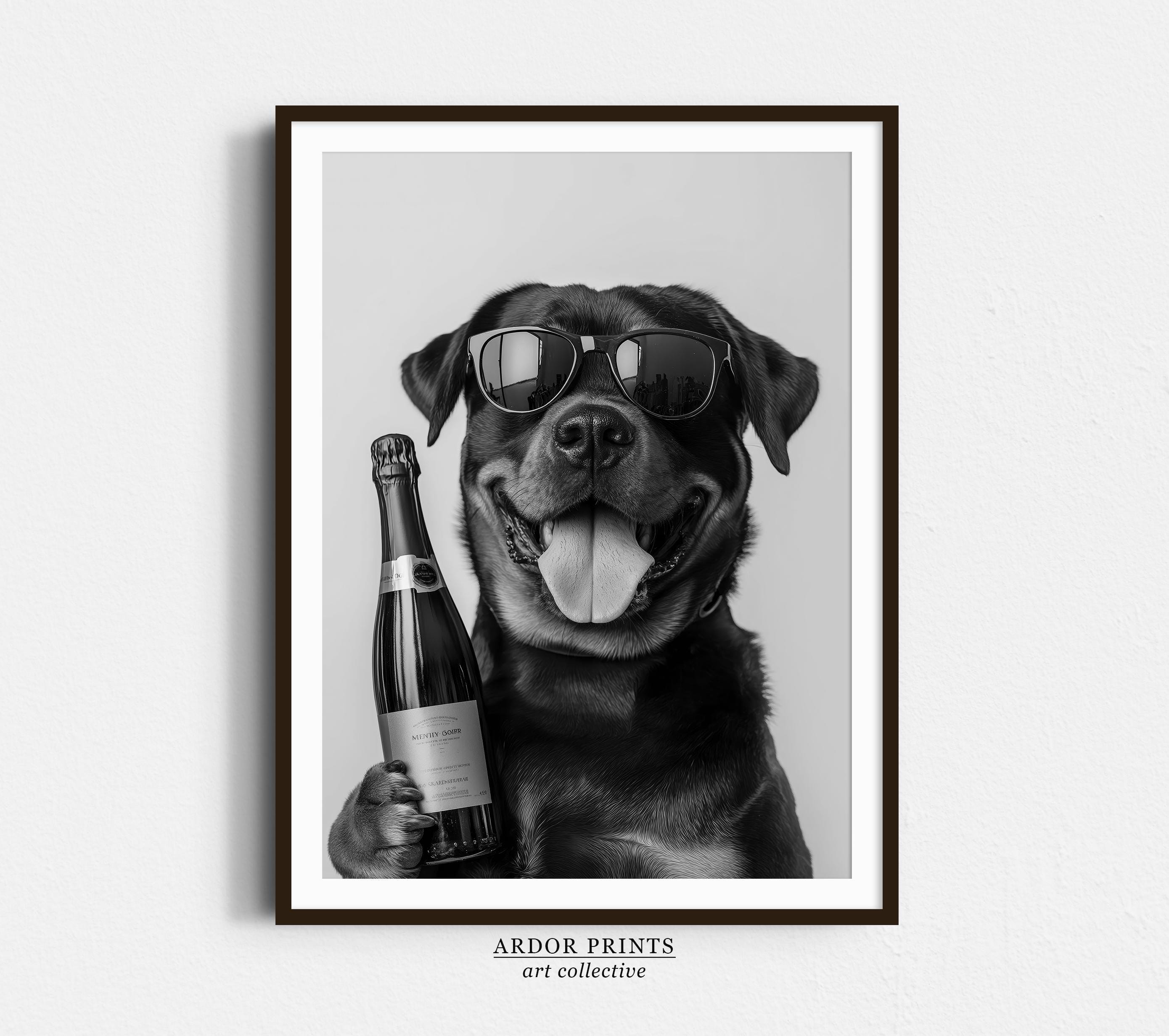 Rottweiler Drinking Champagne Print: Bar Cart Print, Funny Dog