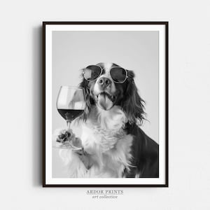 Brittany Spaniel und Wein Wandkunst, Schwarz-Weiß-Druck, Bretagne-Druck, lustiges Hundeposter, Haustierkunst, Barwagen-Druck, Küchen-Wanddekoration