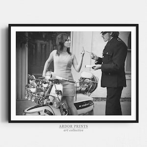 Scooter Girl Giving Cop The Middle Finger Wall Art, Black and White Print, Vintage Woman Art, Feminist Poster, Funny Retro Wall Decor