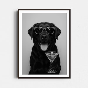 Labrador And Martini Print, Czarno-biały Print, Czarny Lab Cocktail Wall Art, Plakat z psem, Prezent dla właściciela psa, Wydruk na wózku barowym, Dekoracja ścienna z psem