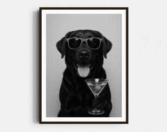 Black Lab Martini Art Print: Labrador Poster Dog Bar Cart Decor - Black & White Wall Art