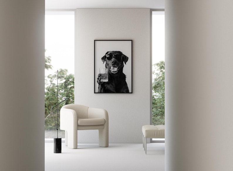 Black Labrador Drinking Whiskey Wall Art, Bourbon Glass, Black and