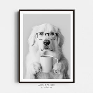 Great Pyrenees Drinking Coffee Wall Art, Black and White Print, Coffee Lover Print, Dog Gift, Funny Dog Poster, Kitchen Wall Decor