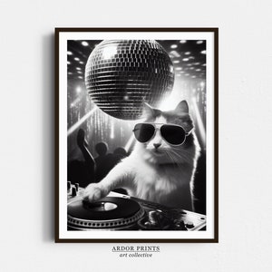 Cat DJ Disco Ball Print: Retro 70s Music Poster (Digital Download)