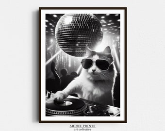 Kat DJ disco bal partij kunst aan de muur, retro vintage spiegelbol print, zwart-wit poster, jaren '70 retro muziek muur decor, grappige kat kunst aan de muur