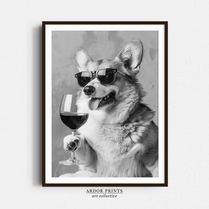 ワインを飲むコーギーのウォールアート、白黒プリント、ウェルシュコーギーのギフト、アルコールプリント、面白い犬のポスター、バーカートプリント、キッチンの壁の装飾