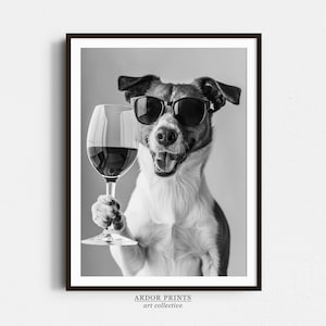 ワインを飲むジャックラッセルの壁アート、白黒プリント、バーカートプリント、犬のギフト、面白い犬のポスター、バーの装飾、キッチンの装飾