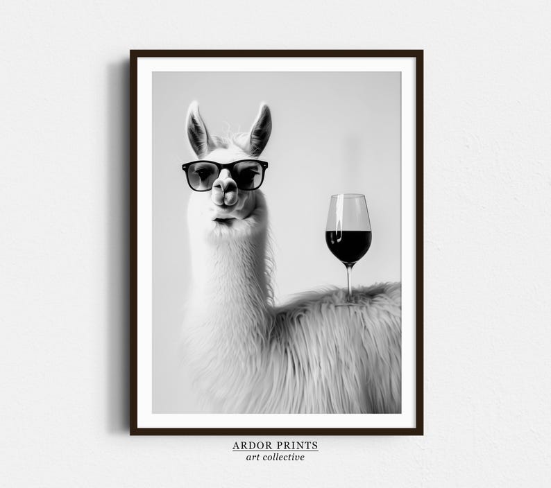 Llama and Red Wine Wall Art, Black and White Print, Llama Poster