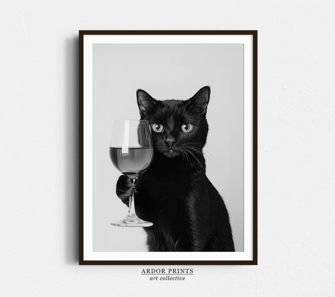 Black Cat Drinking Wine Art Print: Funny Bar Cart Decor (digital ...