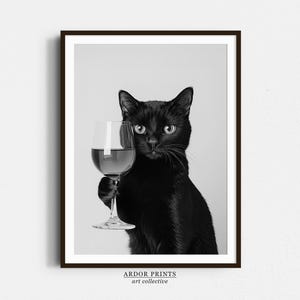 ワインを飲む黒猫の壁アート、白黒プリント、バーカートプリント、黒猫のギフト、面白い猫のポスター、バーの装飾、キッチンの装飾