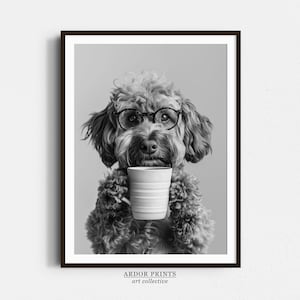 Cockapoo Holding Coffee Wall Art, Black and White Print, Coffee Lover Print, Dog Gift, Funny Dog Poster, Coffee Bar Art, Kitchen Wall Decor