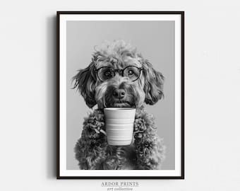Cockapoo Coffee Print: Coffee Bar Decor, Funny Dog Poster, Kitchen Wall Art - Black and White Print