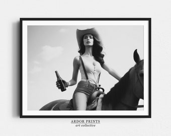 May include: Black and white photograph of a woman wearing a cowboy hat and riding a horse. She is holding a bottle of beer in her right hand.