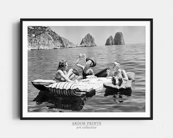 Retro Women Eating Pasta On Water Wall Art, Eating Spaghetti on Lake, Black and White Print, Funny Vintage Italy Wall Art