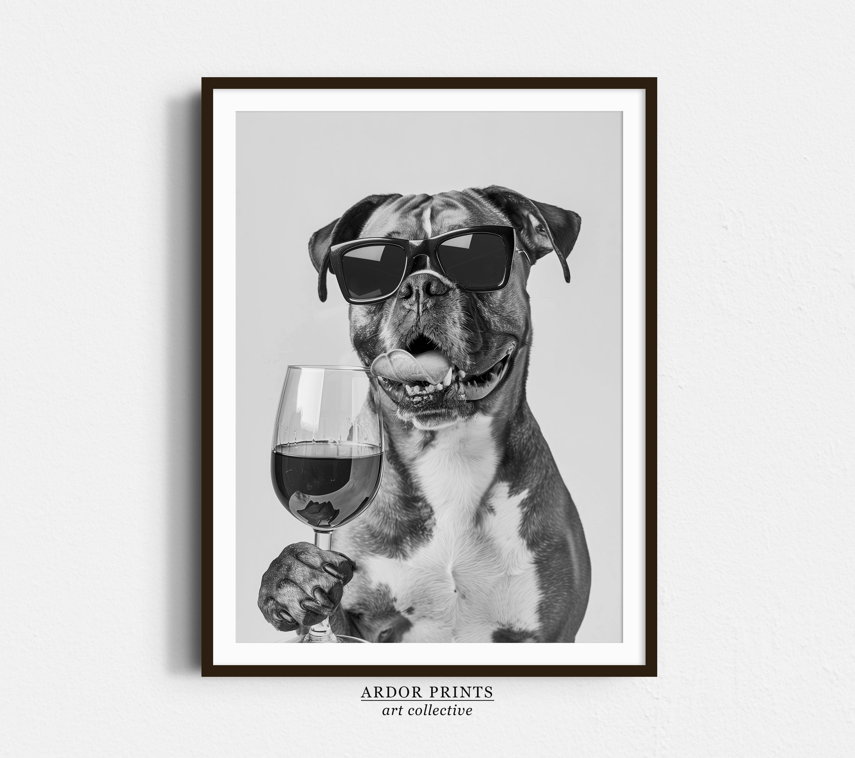 Boxer and Wine Print: Bar Cart Print, Funny Dog Poster, Trendy Kitchen Decor - Black & White Wall Art