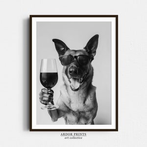 ワインを飲むベルギーのマリノアの壁アート、白黒プリント、バーカートプリント、犬のギフト、面白い犬のポスター、バーの装飾、キッチンの装飾