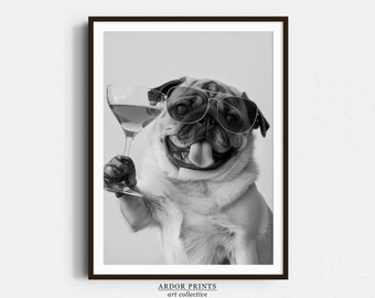 May include: A black and white photo of a pug wearing sunglasses and holding a glass of wine. The pug is looking at the camera and has its tongue sticking out.