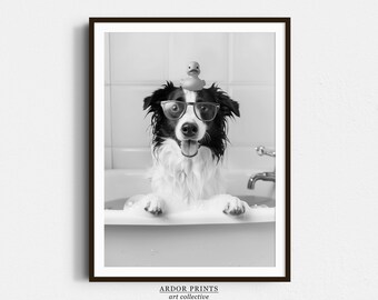 Peut inclure: Une photo en noir et blanc d'un chien portant des lunettes et un canard en caoutchouc sur la tête. Le chien est dans un bain et regarde la caméra.