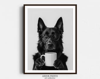 Black German Shepherd Coffee Print: Coffee Bar Decor, Funny Dog Poster, Kitchen Wall Art - Black and White Print