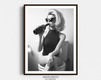 Woman On Toilet Drinking Wine Print: Funny Bathroom Poster, Retro Fashion Wall Decor - Black & White Wall Art