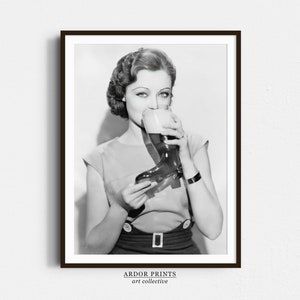 Woman Drinking Beer Out of Boot Glass Wall Art, Black and White Print, Vintage Photo, Alcohol Poster, Retro Man Cave Decor, Bar Cart Print
