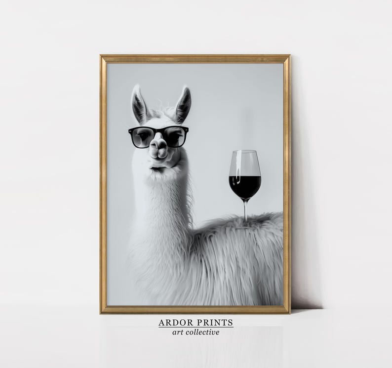 Llama and Red Wine Wall Art, Black and White Print, Llama Poster