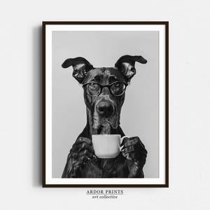 Gran danés y arte de la pared del café, impresión en blanco y negro, impresión del amante del café, regalo del perro, cartel divertido del perro, arte de la cafetería, decoración de la pared de la cocina