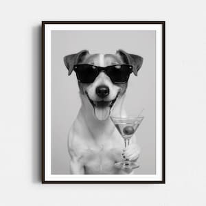 Jack Russell And Martini Print, Czarno-biały Print, Koktajlowa Sztuka Ścienna, Zabawny Plakat Z Psem, Prezent Dla Właściciela Psa, Wydruk Na Wózku Barowym, Dekoracja Ścienna Z Psem