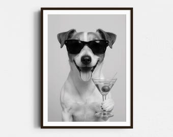 May include: A black and white photo of a dog wearing sunglasses and holding a martini glass with an olive.
