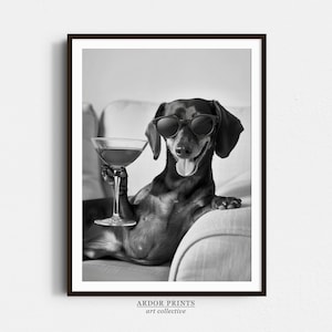 Teckel met een cocktail kunst aan de muur, zwart-wit print, teckel cadeau, Martini alcohol print, grappige hond poster, bar kar decor