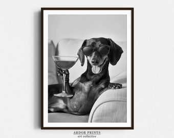 Dachshund Cocktail Print: Funny Dog Martini Poster, Wiener Bar Cart Decor - Black and White Wall Art