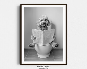 Funny Goldendoodle Bathroom Print: Dog Reading Newspaper (Digital Download)