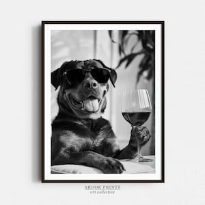 ワインを飲むロットワイラーの壁アート、白黒プリント、ロットワイラープリント、面白い犬のポスター、ホームバーの装飾、キッチンの壁の装飾