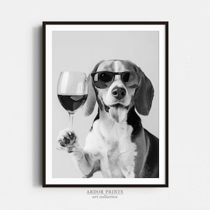 Beagle Holding rode wijn kunst aan de muur, zwart-wit print, Beagle geschenk, alcohol print, grappige hond poster, bar kar print, keuken muur decor