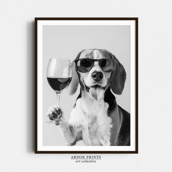 Beagle Holding Red Wine Wall Art, Black and White Print, Beagle Gift, Alcohol Print, Funny Dog Poster, Bar Cart Print, Kitchen Wall Decor