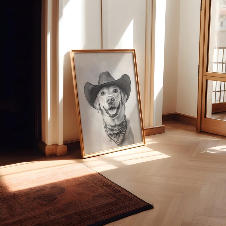 Labrador Cowgirl Hat Print, Western Art, Black and White Wall Art