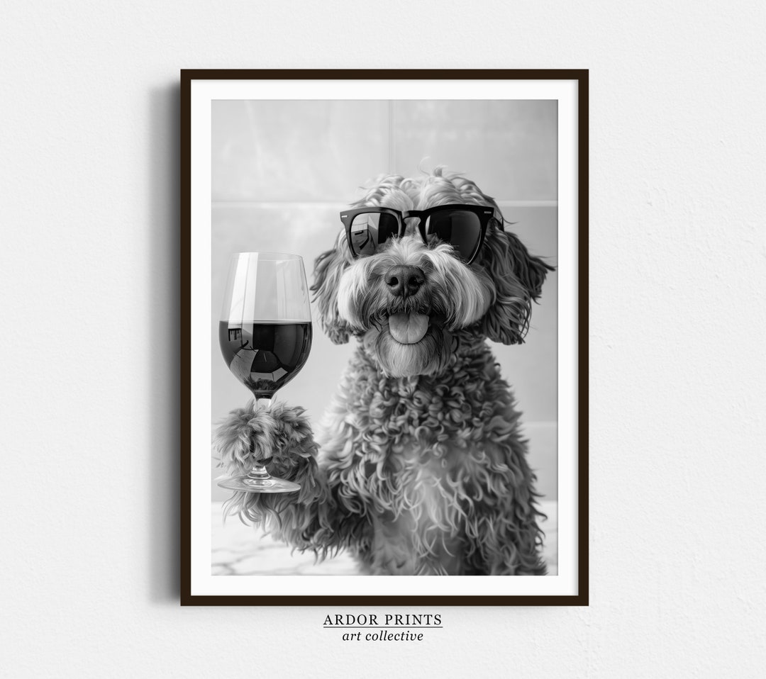Cockapoo Drinking Wine Wall Art, Black and White Print, Cockapoo Bar ...