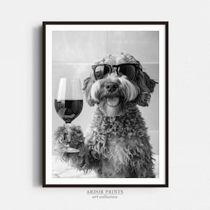 コッカプーがワインを飲むウォールアート、白黒プリント、コッカプーのバーカートプリント、犬のギフト、面白い犬のポスター、バーの装飾、キッチンの装飾