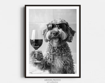 Cockapoo Drinking Wine Wall Art, Black and White Print, Cockapoo Bar Cart Print, Dog Gift, Funny Dog Poster, Bar Decor, Kitchen Decor