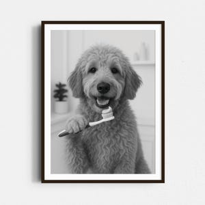 Goldendoodle Brushing Teeth Print: Funny Dog Bathroom Decor (Digital Download)