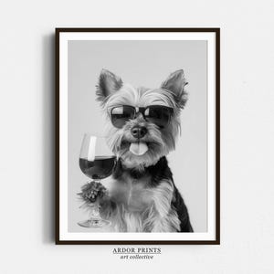 ヨークシャーテリアがワインを飲むウォールアート、白黒プリント、バーカートプリント、ペットアート、ヨーキープリント、面白い犬のポスター、ホームバーの装飾