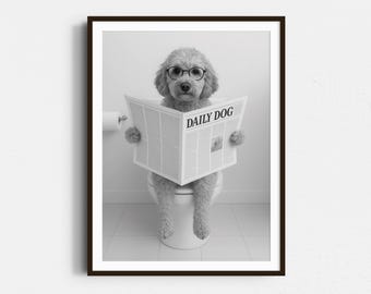 Goldendoodle Bathroom Print: Funny Dog Reading Newspaper (Digital Download)