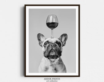 Impresión de vino con un bulldog francés divertido: Arte de cocina en blanco y negro (descarga digital)