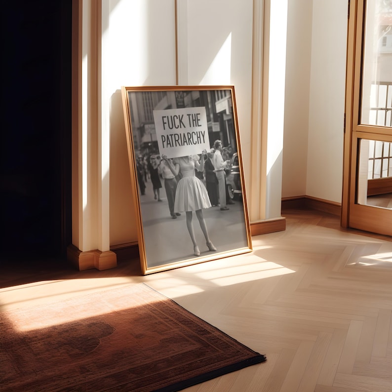 Feministyczny plakat retro: Pieprzyć patriarchat, plakat protestacyjny z kobietami w stylu vintage, siła dziewczyn, plakat z feminizmem – czarno-biała sztuka ścienna zdjęcie 5