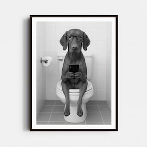 Vizsla On Toilet Wall Art, Texting Dog, Black and White Print, Vizsla Gift, Trendy Dog Poster, Funny Bathroom Wall Decor