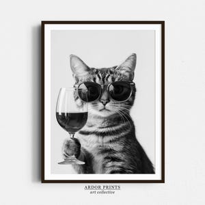 ワインを飲む国内短毛猫の壁アート、白黒プリント、バーカートプリント、モギーギフト、面白い猫のポスター、バーの装飾、キッチンの装飾
