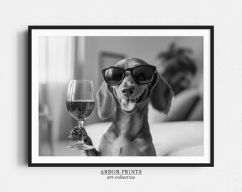 Impresión de perro salchicha bebiendo vino tinto: arte en blanco y negro, impresión de carrito de bar, regalo para perros, impresión de alcohol, póster divertido de perro - Decoración de pared para cocina