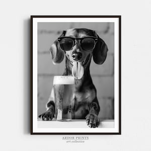 Teckel en bier kunst aan de muur, zwart-wit print, hond cadeau, bier alcohol print, poster grappige hond, bar kar decor, keuken wanddecoratie