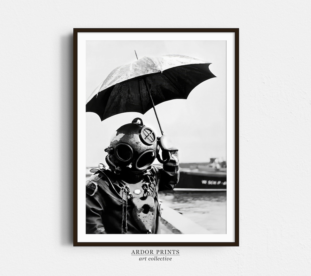 Deep Sea Diver Holding Umbrella Wall Art, Paris 1940s, Black and White ...