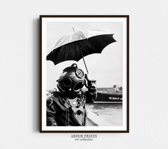 Deep Sea Diver Holding Umbrella Wall Art, Paris 1940s, Black and White Print, Vintage Photo, Lake House Poster, Retro Wall Decor
